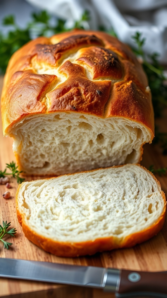 Crusty Homemade Sandwich Bread Recipe A loaf of crusty sandwich bread sliced to show soft interior, on a wooden board with herbs.